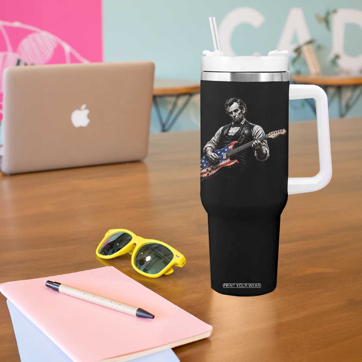 Vintage Abraham Lincoln Abe Lincoln Playing Guitar Tumbler With Handle Humor Patriotic TS10 Print Your Wear