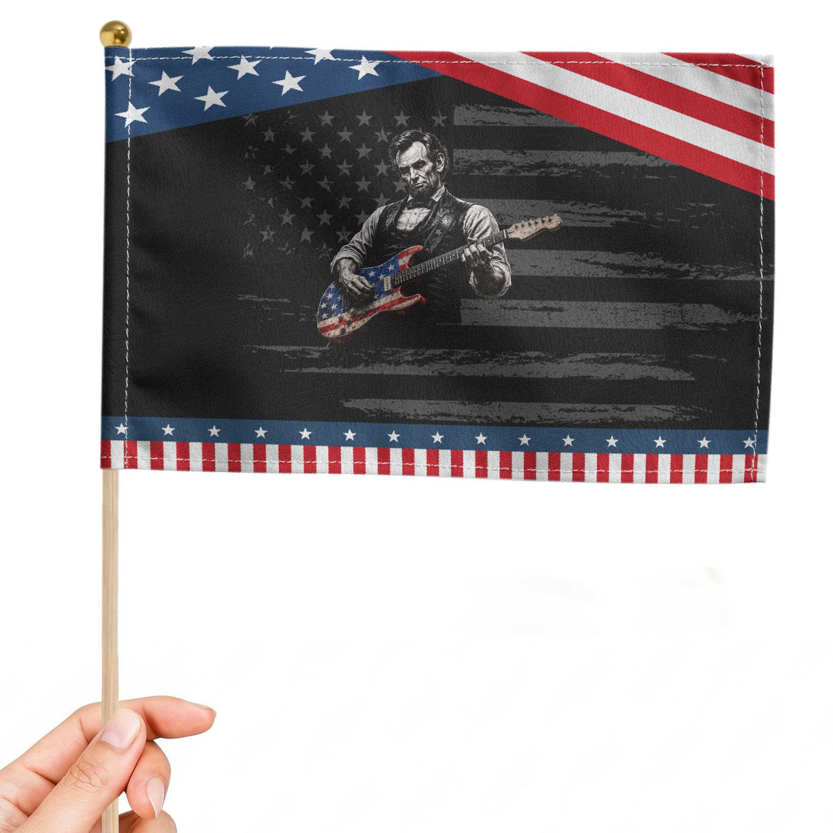 Vintage Abraham Lincoln Abe Lincoln Playing Guitar Patriotic Handheld Flag Humor Patriotic TS10 Distressed 8.2
