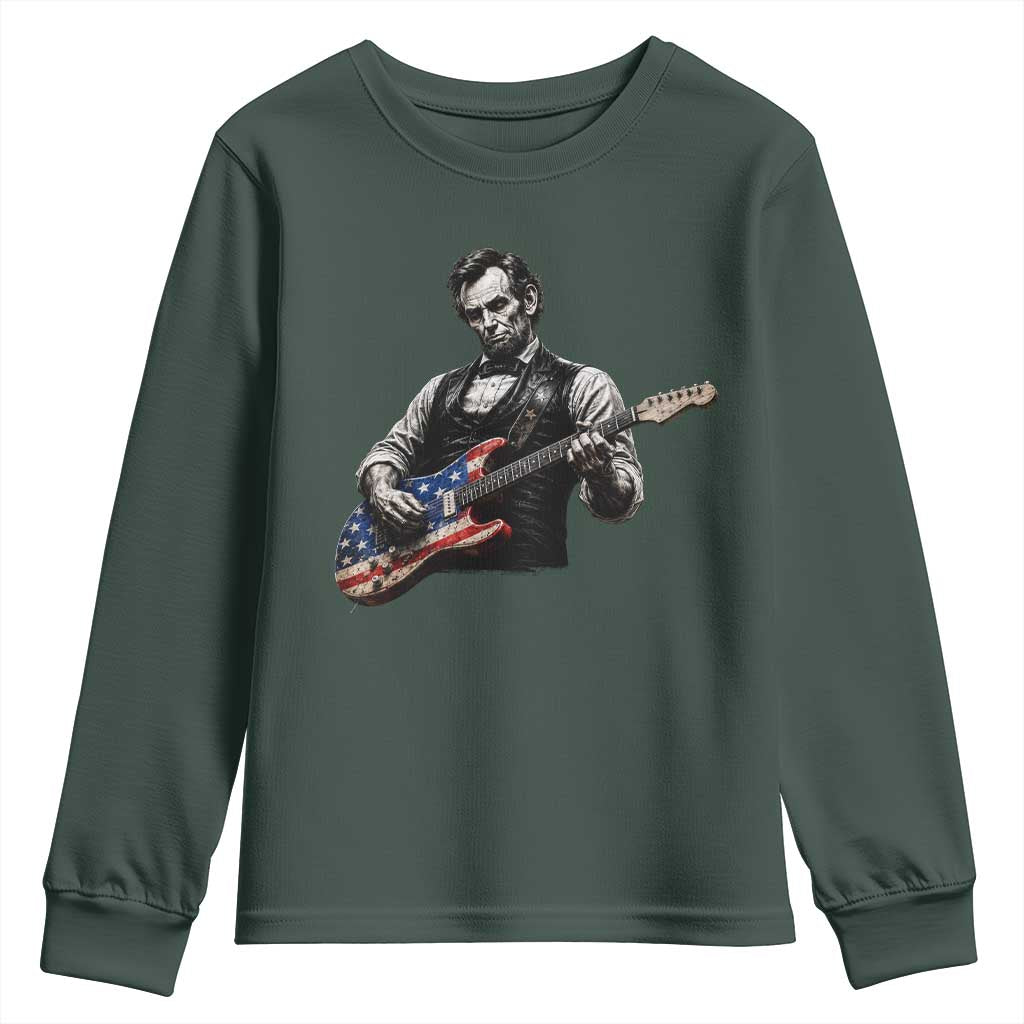 Vintage Abraham Lincoln Abe Lincoln Playing Guitar Youth Sweatshirt Humor Patriotic TS10 Dark Forest Green Print Your Wear