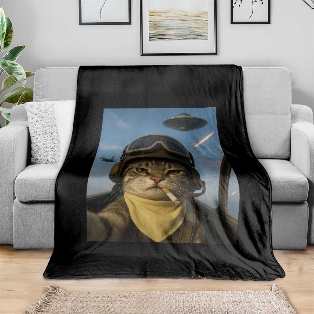 Cat Selfie With Alien UFO Throw Blanket Retro Space Sci-Fi Cat Pilot TS10 Print Your Wear