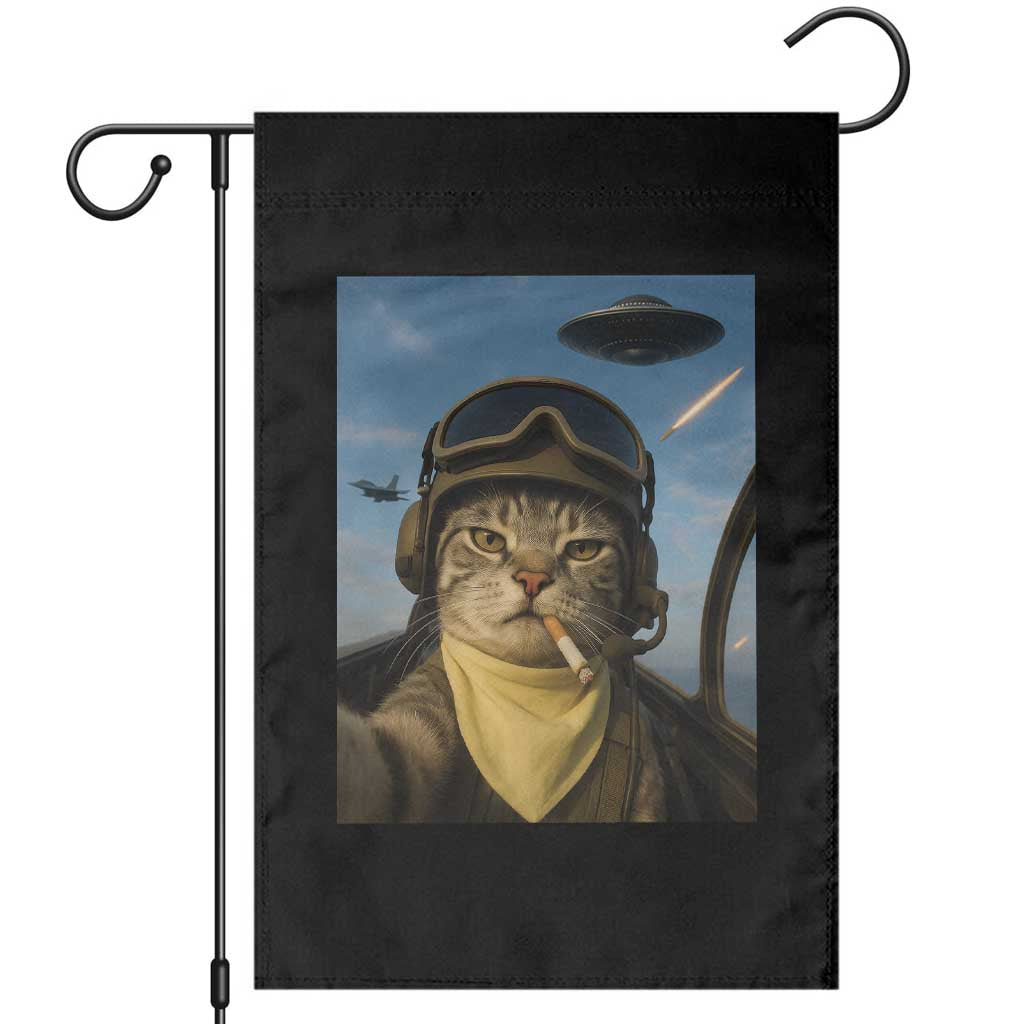 Cat Selfie With Alien UFO Garden Flag Retro Space Sci-Fi Cat Pilot TS10 Black Print Your Wear