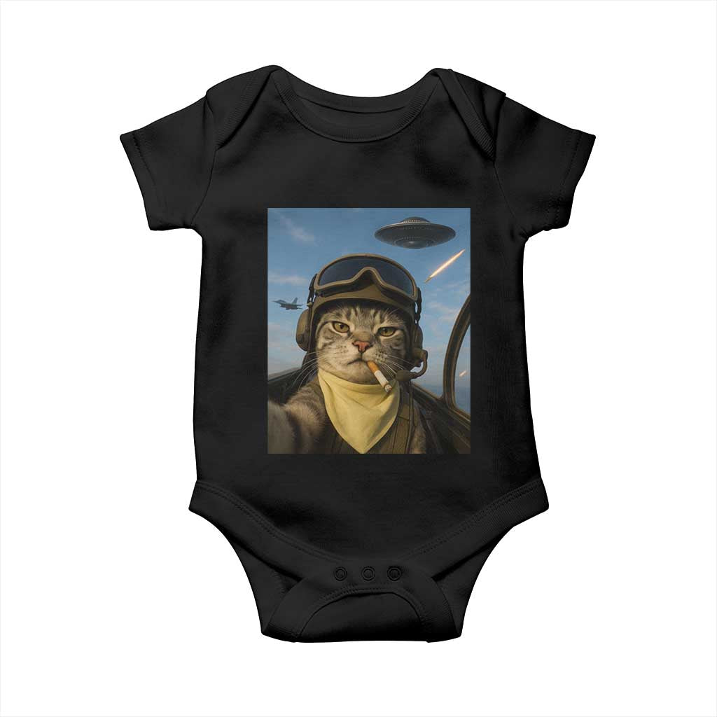 Cat Selfie With Alien UFO Baby Onesie Retro Space Sci-Fi Cat Pilot TS10 Black Print Your Wear