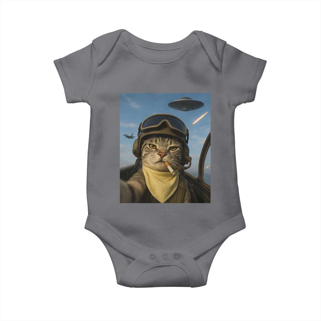 Cat Selfie With Alien UFO Baby Onesie Retro Space Sci-Fi Cat Pilot TS10 Charcoal Print Your Wear