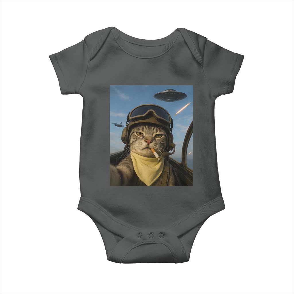 Cat Selfie With Alien UFO Baby Onesie Retro Space Sci-Fi Cat Pilot TS10 Dark Heather Print Your Wear