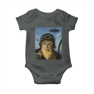 Cat Selfie With Alien UFO Baby Onesie Retro Space Sci-Fi Cat Pilot TS10 Dark Heather Print Your Wear
