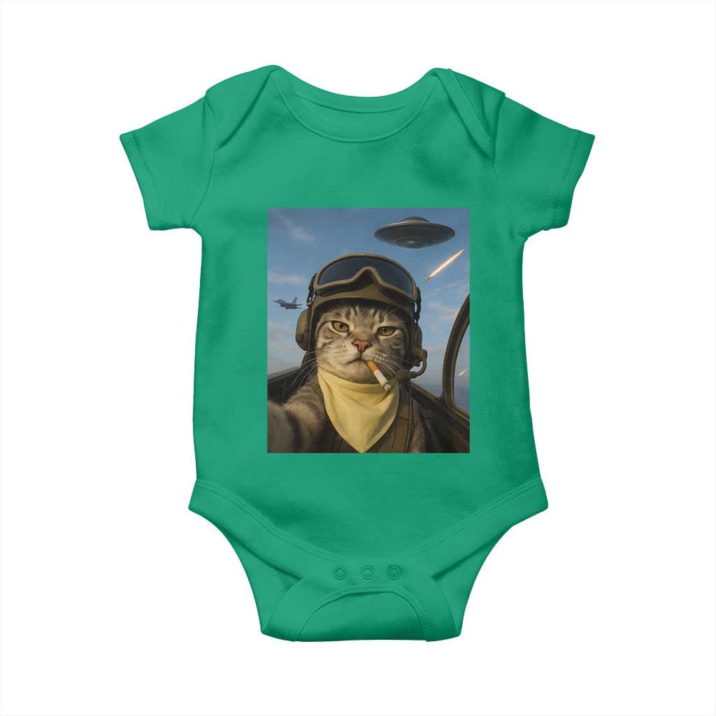 Cat Selfie With Alien UFO Baby Onesie Retro Space Sci-Fi Cat Pilot TS10 Irish Green Print Your Wear