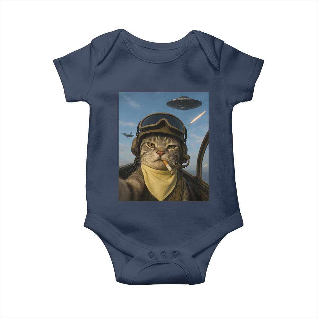 Cat Selfie With Alien UFO Baby Onesie Retro Space Sci-Fi Cat Pilot TS10 Navy Print Your Wear