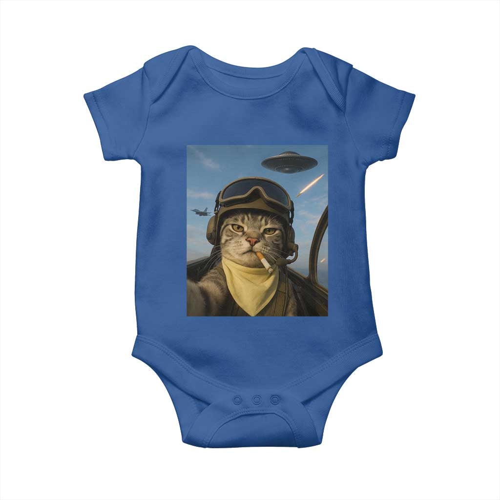 Cat Selfie With Alien UFO Baby Onesie Retro Space Sci-Fi Cat Pilot TS10 Royal Blue Print Your Wear