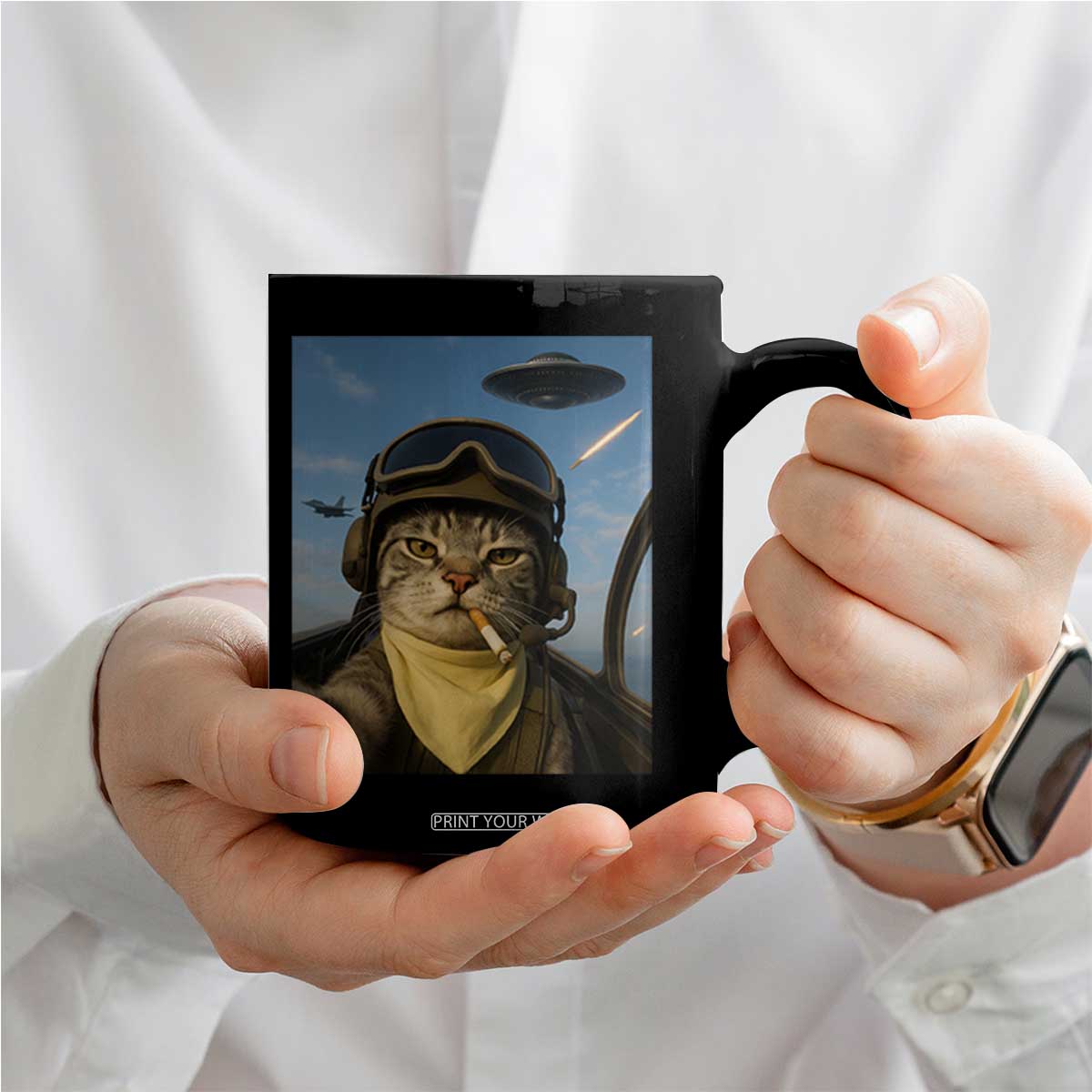Cat Selfie With Alien UFO Coffee Mug Retro Space Sci-Fi Cat Pilot TS10 Print Your Wear