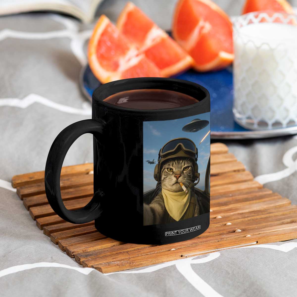 Cat Selfie With Alien UFO Coffee Mug Retro Space Sci-Fi Cat Pilot TS10 Print Your Wear
