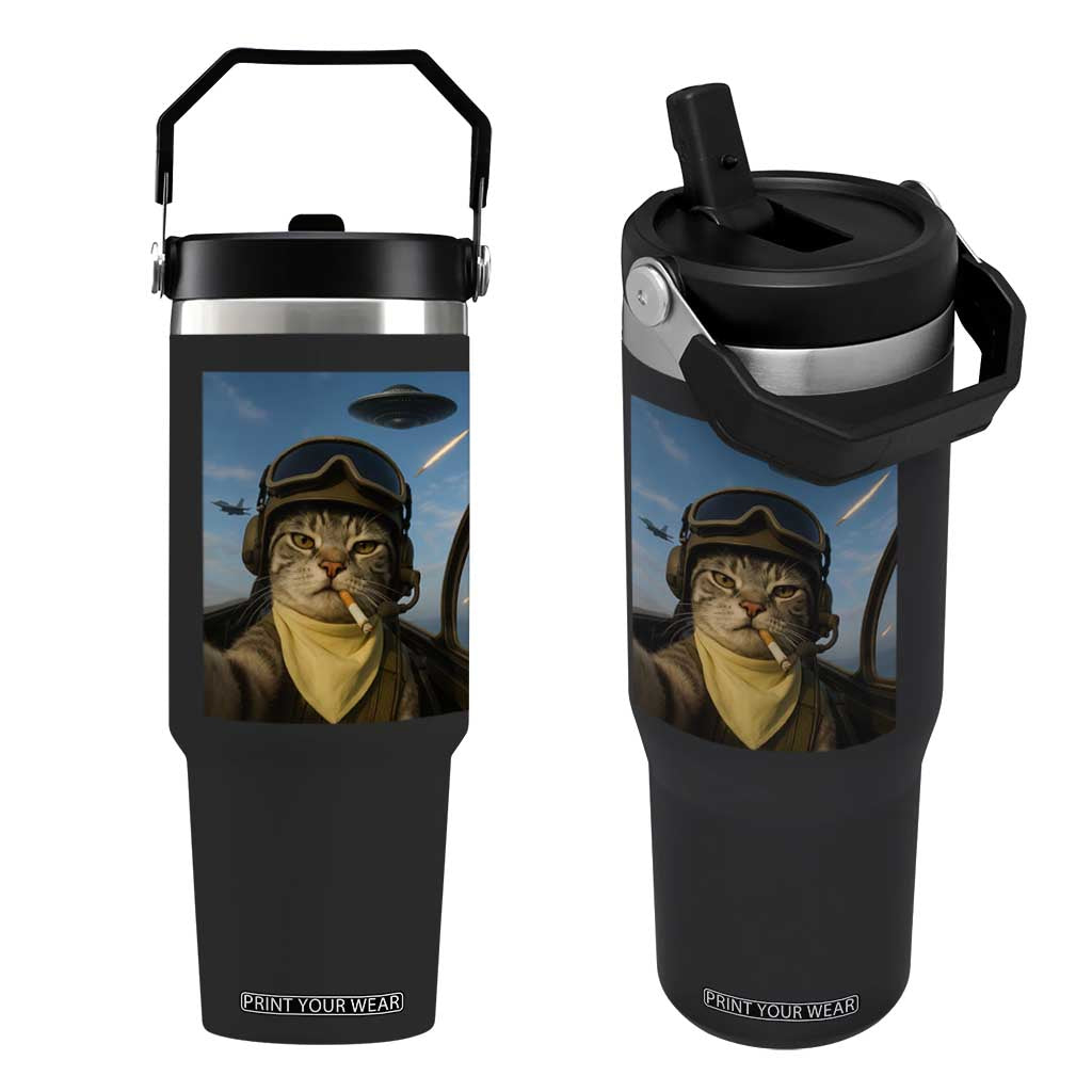 Cat Selfie With Alien UFO Flip Straw Tumbler Retro Space Sci-Fi Cat Pilot TS10 One Size: 30 oz Black Print Your Wear