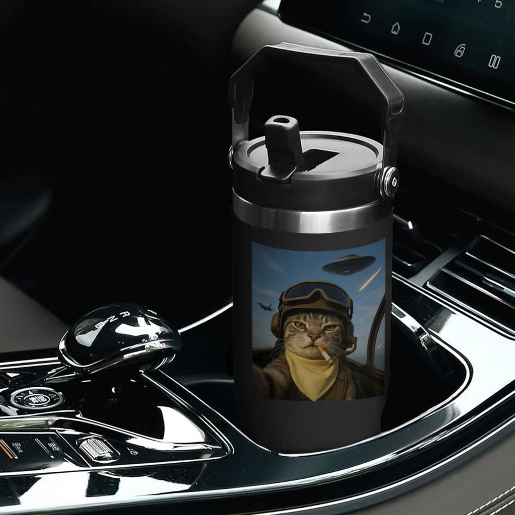 Cat Selfie With Alien UFO Flip Straw Tumbler Retro Space Sci-Fi Cat Pilot TS10 Print Your Wear