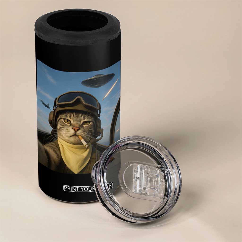 Cat Selfie With Alien UFO 4 in 1 Can Cooler Tumbler Retro Space Sci-Fi Cat Pilot TS10 Print Your Wear