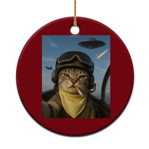 Cat Selfie With Alien UFO Ceramic Ornament Retro Space Sci-Fi Cat Pilot TS10 1pc Red Print Your Wear