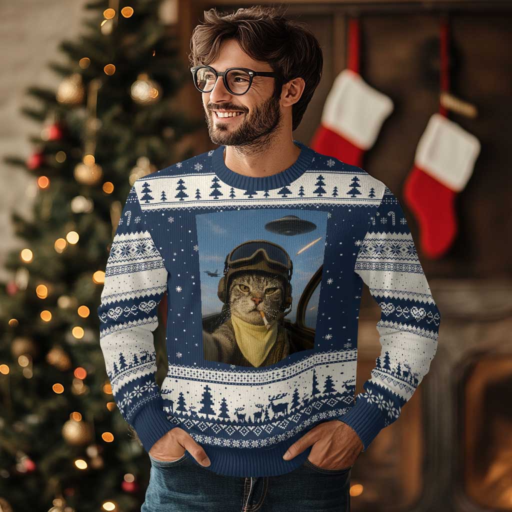 Cat Selfie With Alien UFO Ugly Christmas Sweater Retro Space Sci-Fi Cat Pilot TS10 Navy Beige Print Your Wear