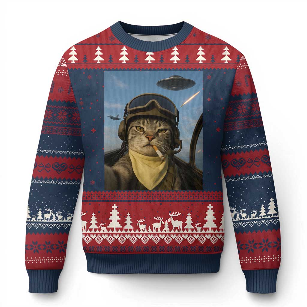Cat Selfie With Alien UFO Ugly Christmas Sweater Retro Space Sci-Fi Cat Pilot TS10 Navy Red Print Your Wear