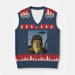 Cat Selfie With Alien UFO V-Neck Knit Sweater Vest Retro Space Sci-Fi Cat Pilot TS10 Navy Red Print Your Wear
