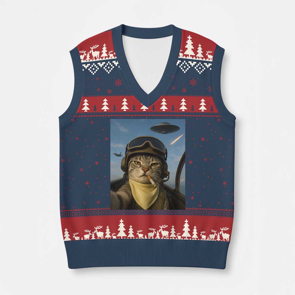 Cat Selfie With Alien UFO V-Neck Knit Sweater Vest Retro Space Sci-Fi Cat Pilot TS10 Navy Red Print Your Wear