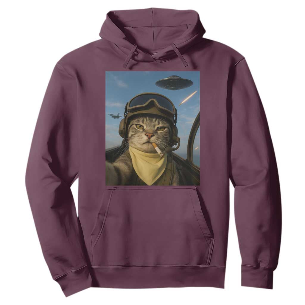 Cat Selfie With Alien UFO Hoodie Retro Space Sci-Fi Cat Pilot TS10 Maroon Print Your Wear