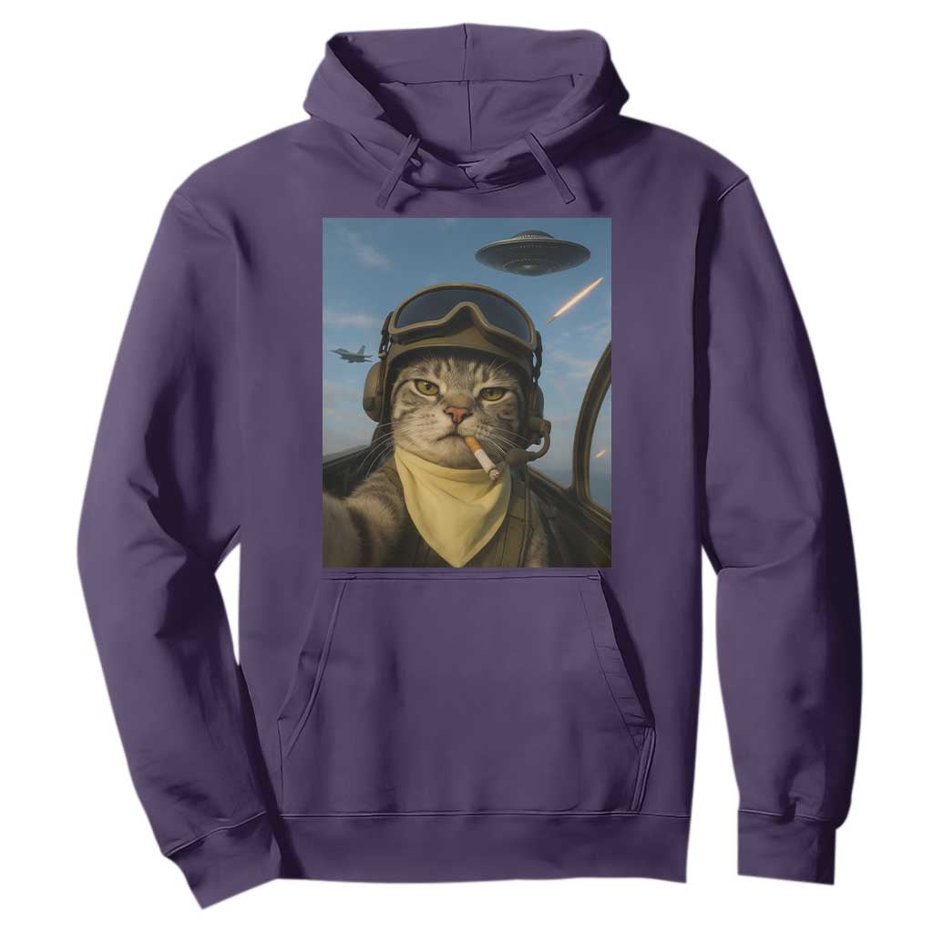 Cat Selfie With Alien UFO Hoodie Retro Space Sci-Fi Cat Pilot TS10 Purple Print Your Wear