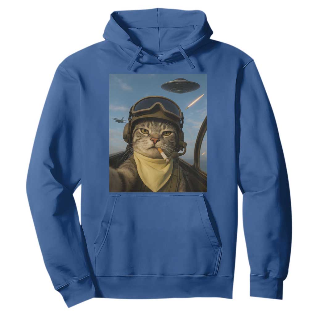 Cat Selfie With Alien UFO Hoodie Retro Space Sci-Fi Cat Pilot TS10 Royal Blue Print Your Wear