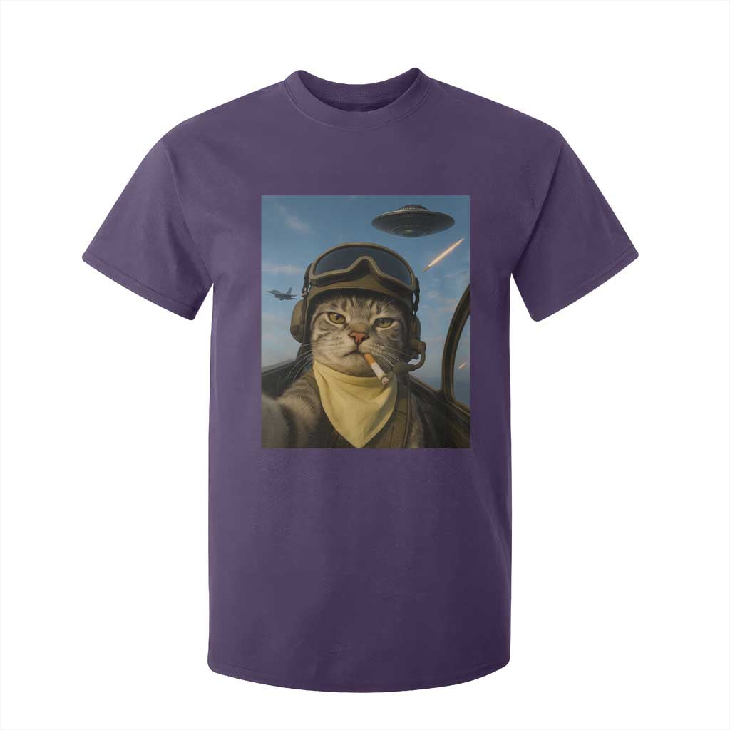 Cat Selfie With Alien UFO T Shirt For Kid Retro Space Sci-Fi Cat Pilot TS10 Purple Print Your Wear