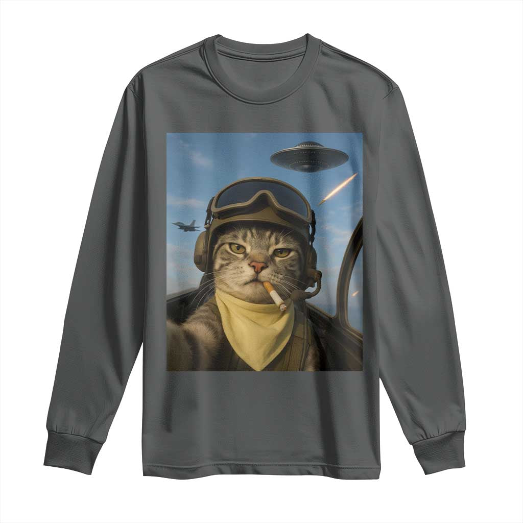 Cat Selfie With Alien UFO Long Sleeve Shirt Retro Space Sci-Fi Cat Pilot TS10 Dark Heather Print Your Wear