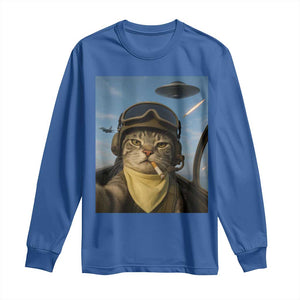 Cat Selfie With Alien UFO Long Sleeve Shirt Retro Space Sci-Fi Cat Pilot TS10 Royal Blue Print Your Wear