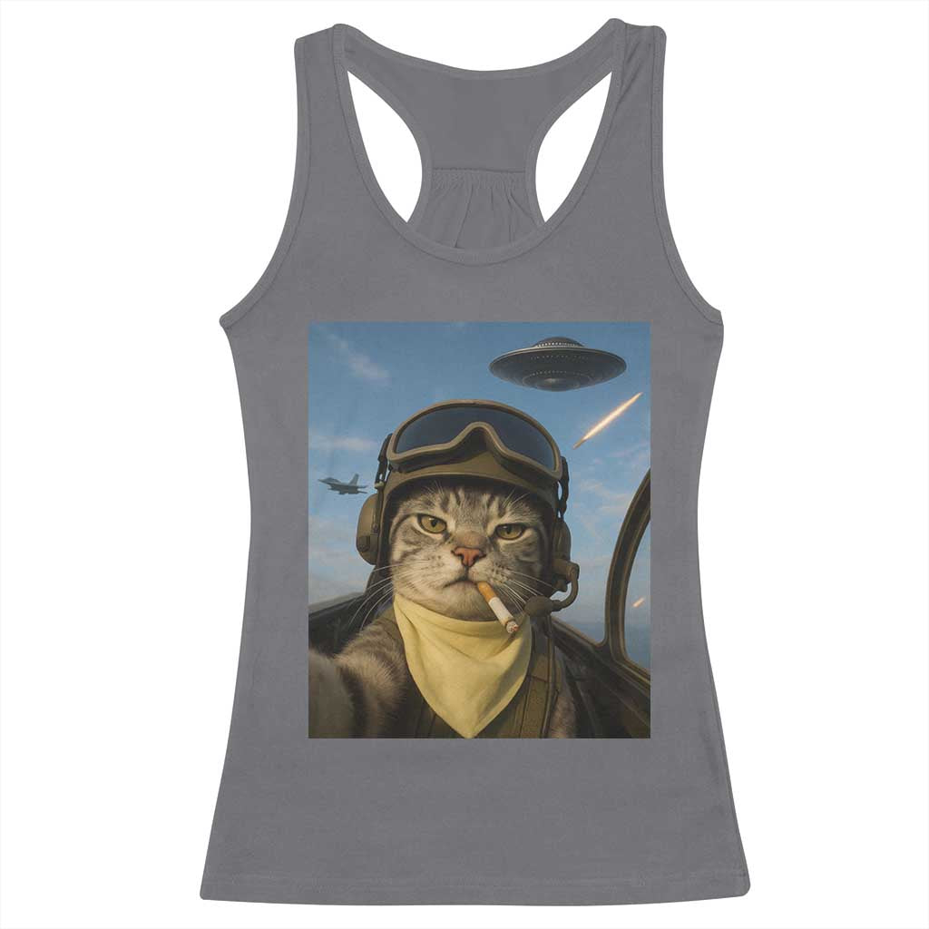 Cat Selfie With Alien UFO Racerback Tank Top Retro Space Sci-Fi Cat Pilot TS10 Charcoal Print Your Wear