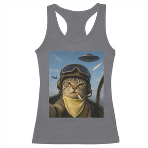 Cat Selfie With Alien UFO Racerback Tank Top Retro Space Sci-Fi Cat Pilot TS10 Charcoal Print Your Wear
