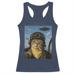 Cat Selfie With Alien UFO Racerback Tank Top Retro Space Sci-Fi Cat Pilot TS10 Navy Print Your Wear