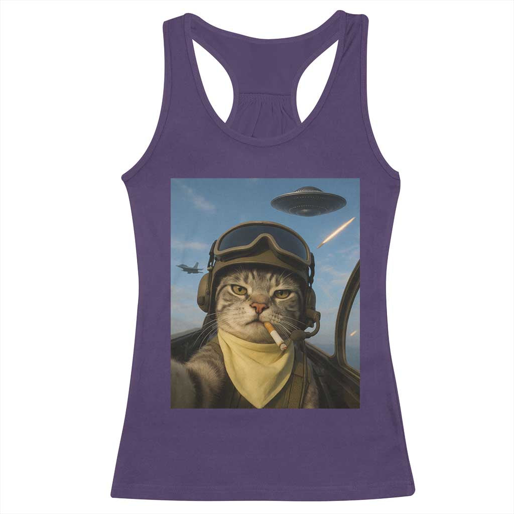 Cat Selfie With Alien UFO Racerback Tank Top Retro Space Sci-Fi Cat Pilot TS10 Purple Print Your Wear