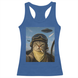 Cat Selfie With Alien UFO Racerback Tank Top Retro Space Sci-Fi Cat Pilot TS10 Royal Blue Print Your Wear