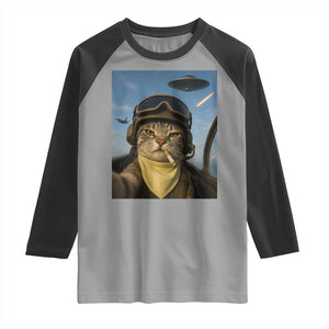 Cat Selfie With Alien UFO Raglan Shirt Retro Space Sci-Fi Cat Pilot TS10 Sport Gray Black Print Your Wear