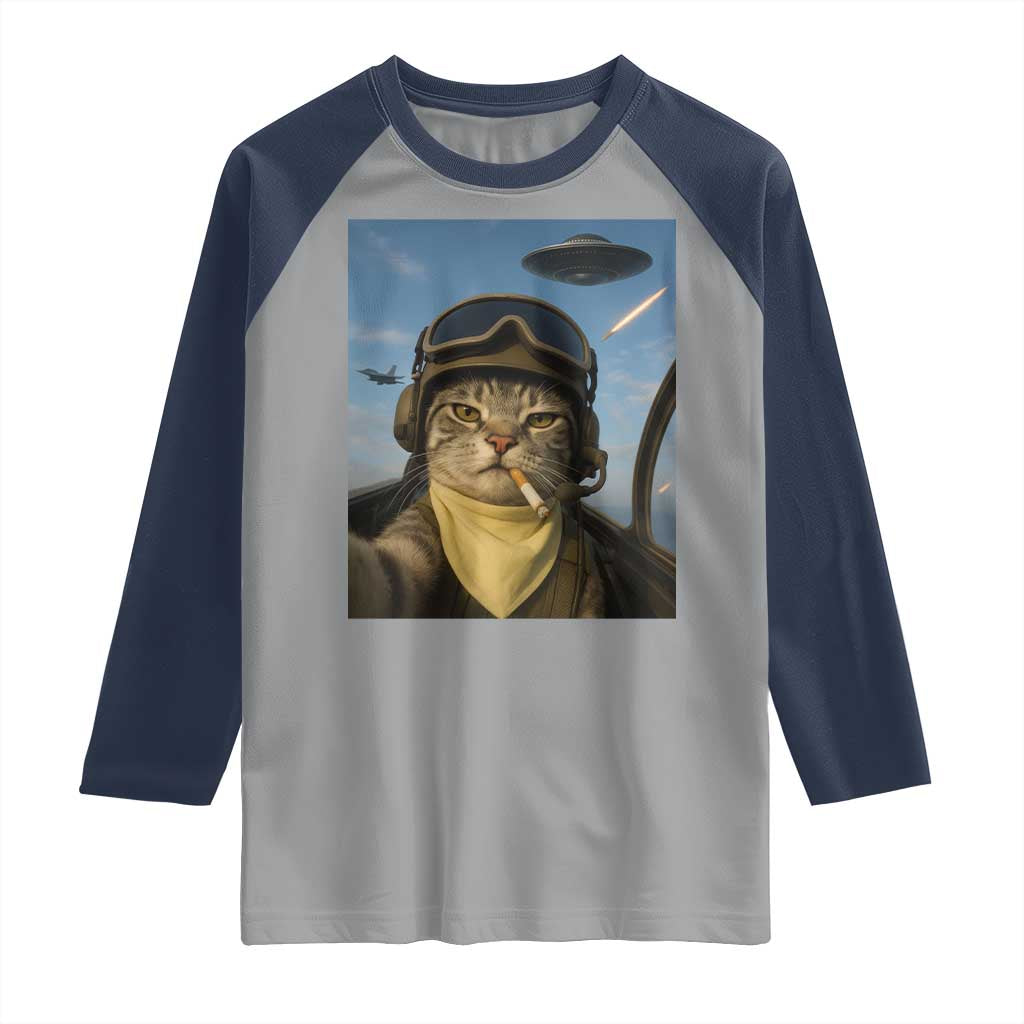 Cat Selfie With Alien UFO Raglan Shirt Retro Space Sci-Fi Cat Pilot TS10 Sport Gray Navy Print Your Wear