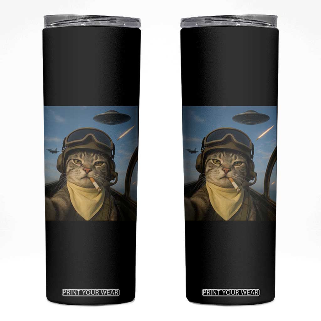 Cat Selfie With Alien UFO Skinny Tumbler Retro Space Sci-Fi Cat Pilot TS10 Black Print Your Wear