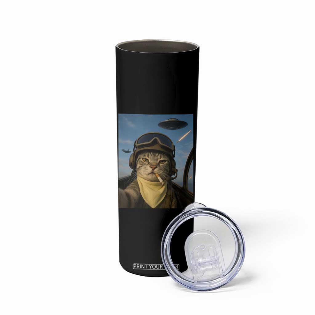 Cat Selfie With Alien UFO Skinny Tumbler Retro Space Sci-Fi Cat Pilot TS10 Print Your Wear