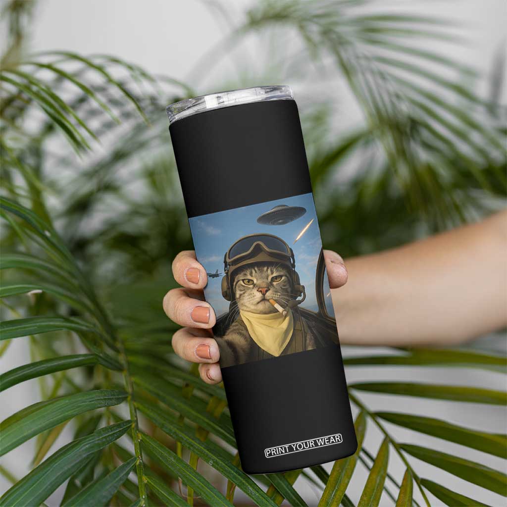 Cat Selfie With Alien UFO Skinny Tumbler Retro Space Sci-Fi Cat Pilot TS10 Print Your Wear