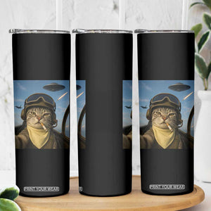 Cat Selfie With Alien UFO Skinny Tumbler Retro Space Sci-Fi Cat Pilot TS10 Print Your Wear