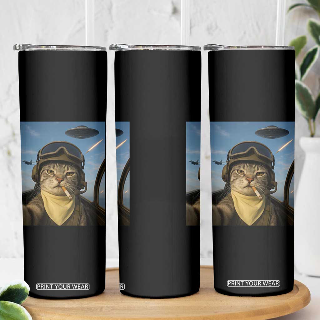 Cat Selfie With Alien UFO Skinny Tumbler Retro Space Sci-Fi Cat Pilot TS10 Print Your Wear