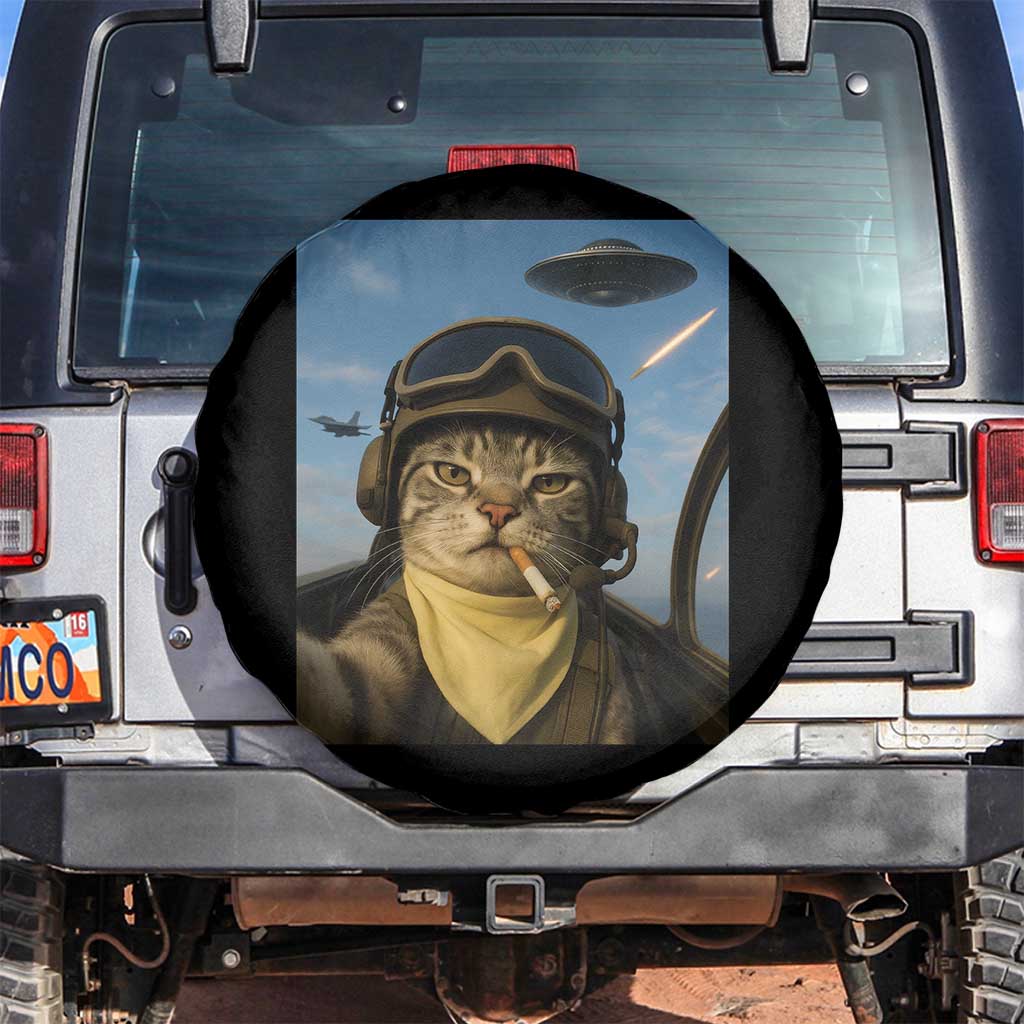 Cat Selfie With Alien UFO Spare Tire Cover Retro Space Sci-Fi Cat Pilot TS10 No hole Black Print Your Wear