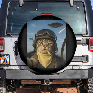 Cat Selfie With Alien UFO Spare Tire Cover Retro Space Sci-Fi Cat Pilot TS10 No hole Black Print Your Wear