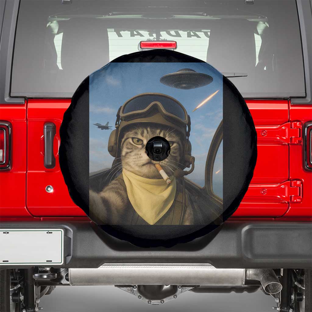 Cat Selfie With Alien UFO Spare Tire Cover Retro Space Sci-Fi Cat Pilot TS10 Black Print Your Wear