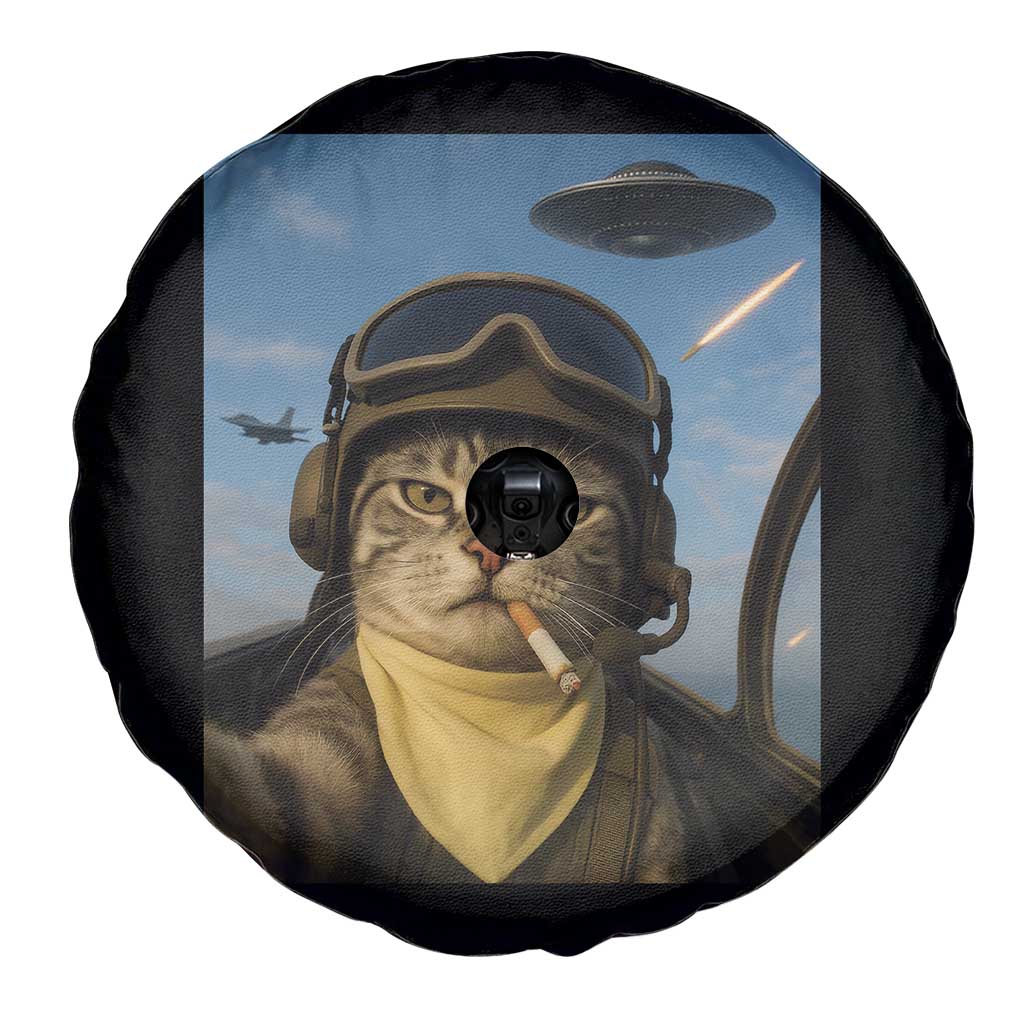 Cat Selfie With Alien UFO Spare Tire Cover Retro Space Sci-Fi Cat Pilot TS10 Print Your Wear