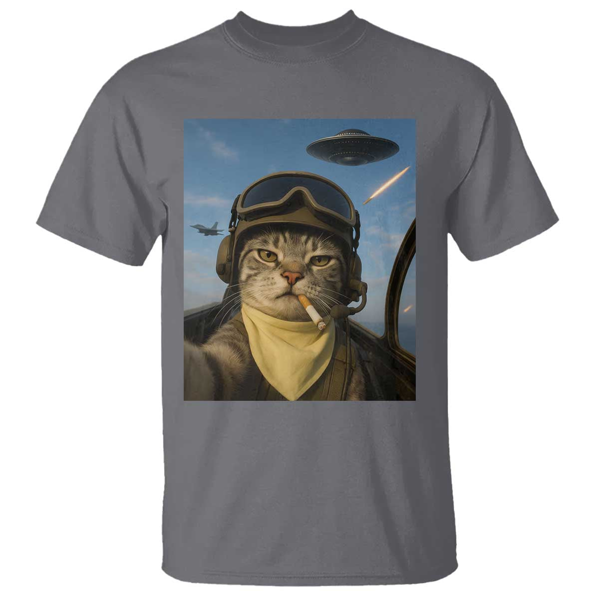 Cat Selfie With Alien UFO T Shirt Retro Space Sci-Fi Cat Pilot TS10 Charcoal Print Your Wear