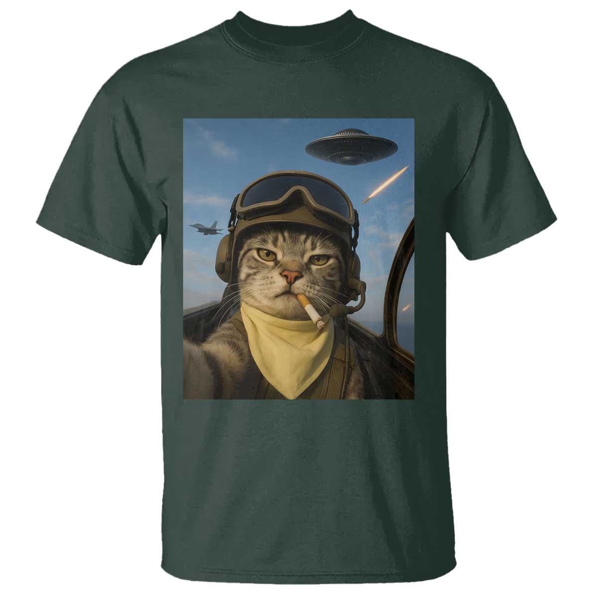 Cat Selfie With Alien UFO T Shirt Retro Space Sci-Fi Cat Pilot TS10 Dark Forest Green Print Your Wear