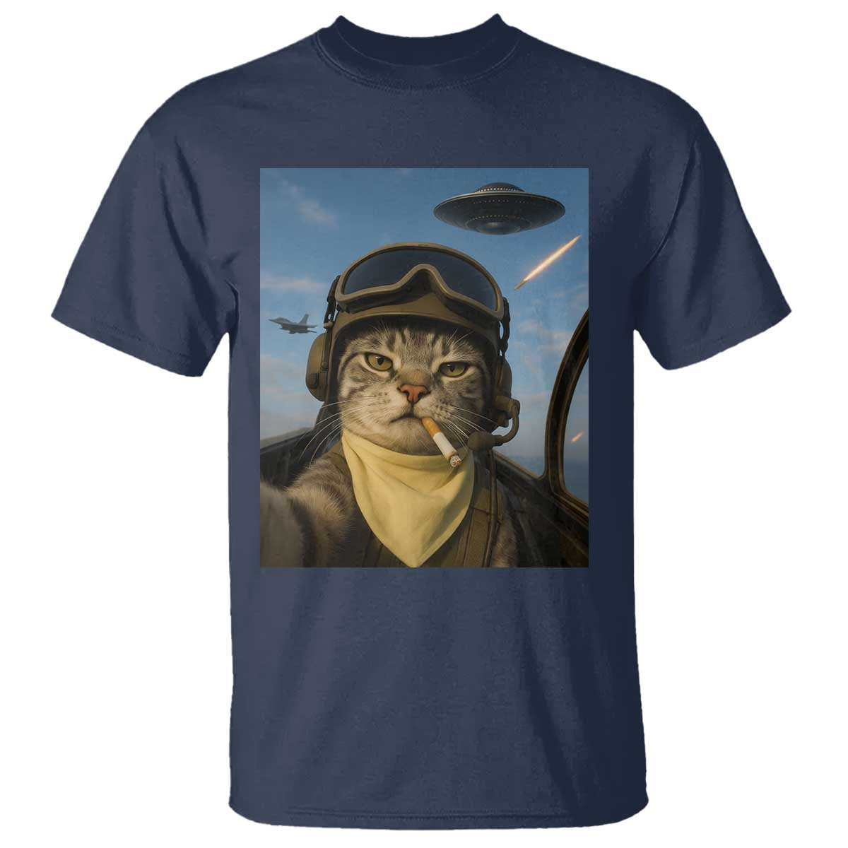 Cat Selfie With Alien UFO T Shirt Retro Space Sci-Fi Cat Pilot TS10 Navy Print Your Wear