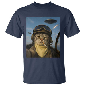 Cat Selfie With Alien UFO T Shirt Retro Space Sci-Fi Cat Pilot TS10 Navy Print Your Wear
