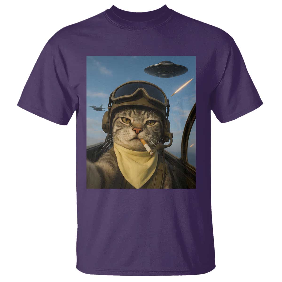 Cat Selfie With Alien UFO T Shirt Retro Space Sci-Fi Cat Pilot TS10 Purple Print Your Wear