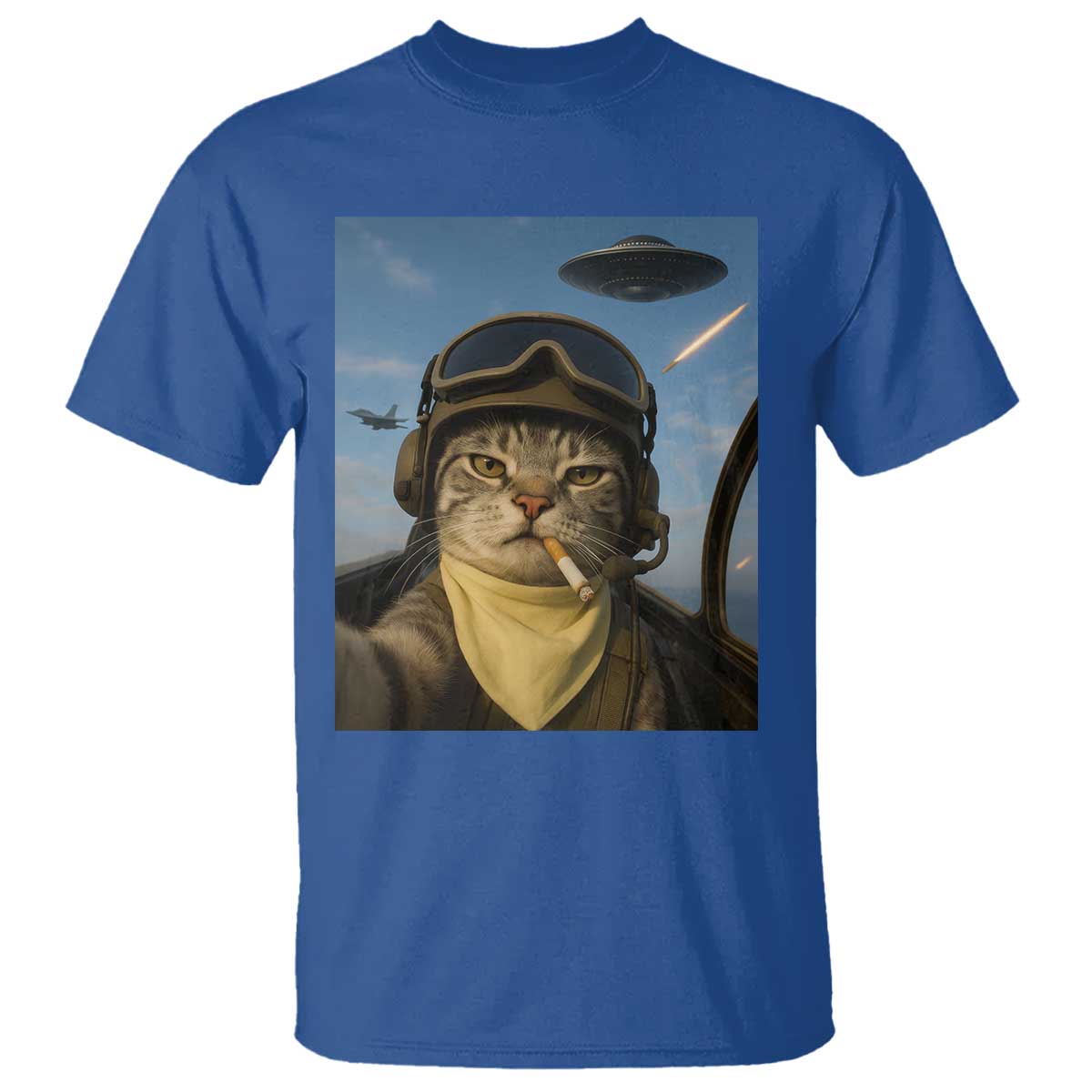 Cat Selfie With Alien UFO T Shirt Retro Space Sci-Fi Cat Pilot TS10 Royal Blue Print Your Wear